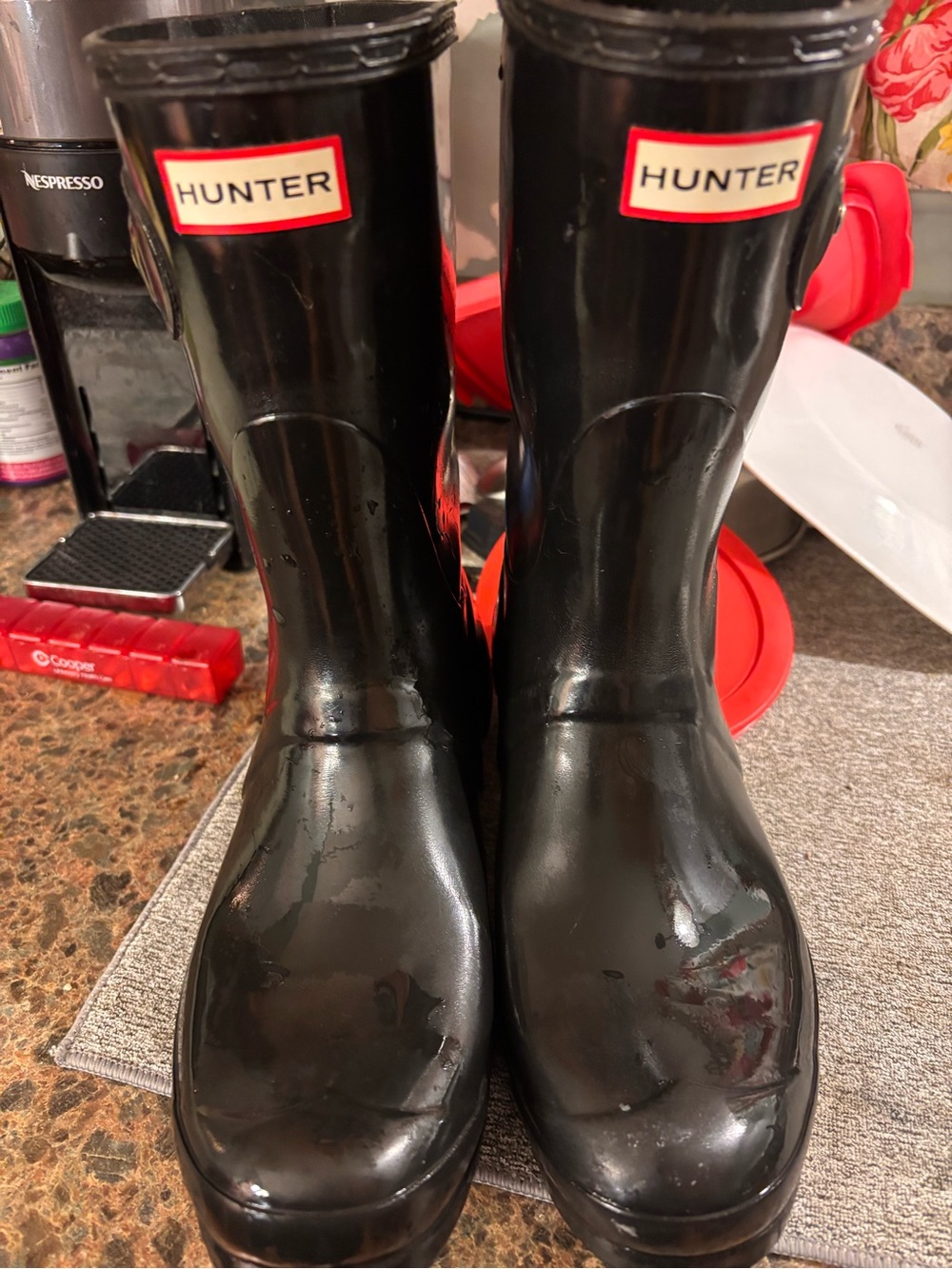 Hunter Glossy Black Short Rain Boots with Buckle 10